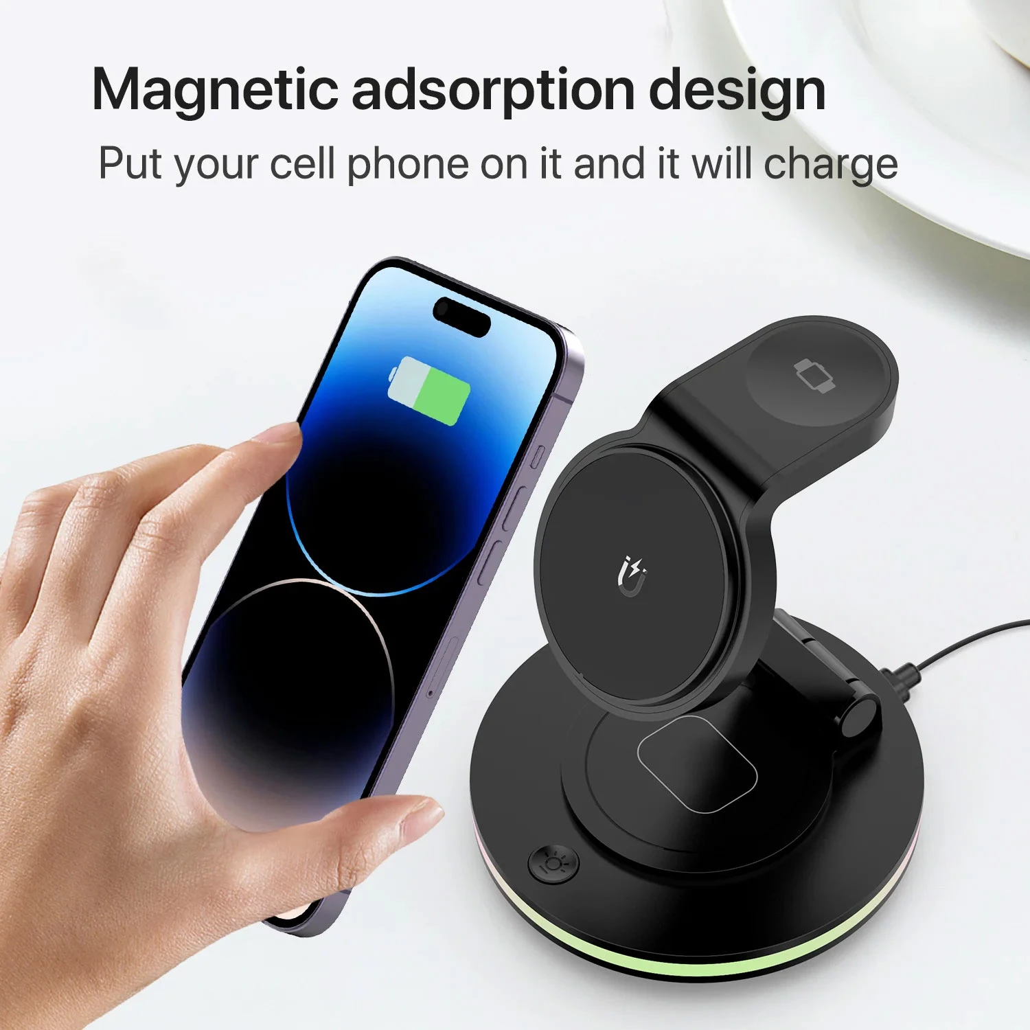 Foldable 4-in-1 Magnetic Wireless Charging Station with 7-Color Night Light for iPhone, Apple Watch 