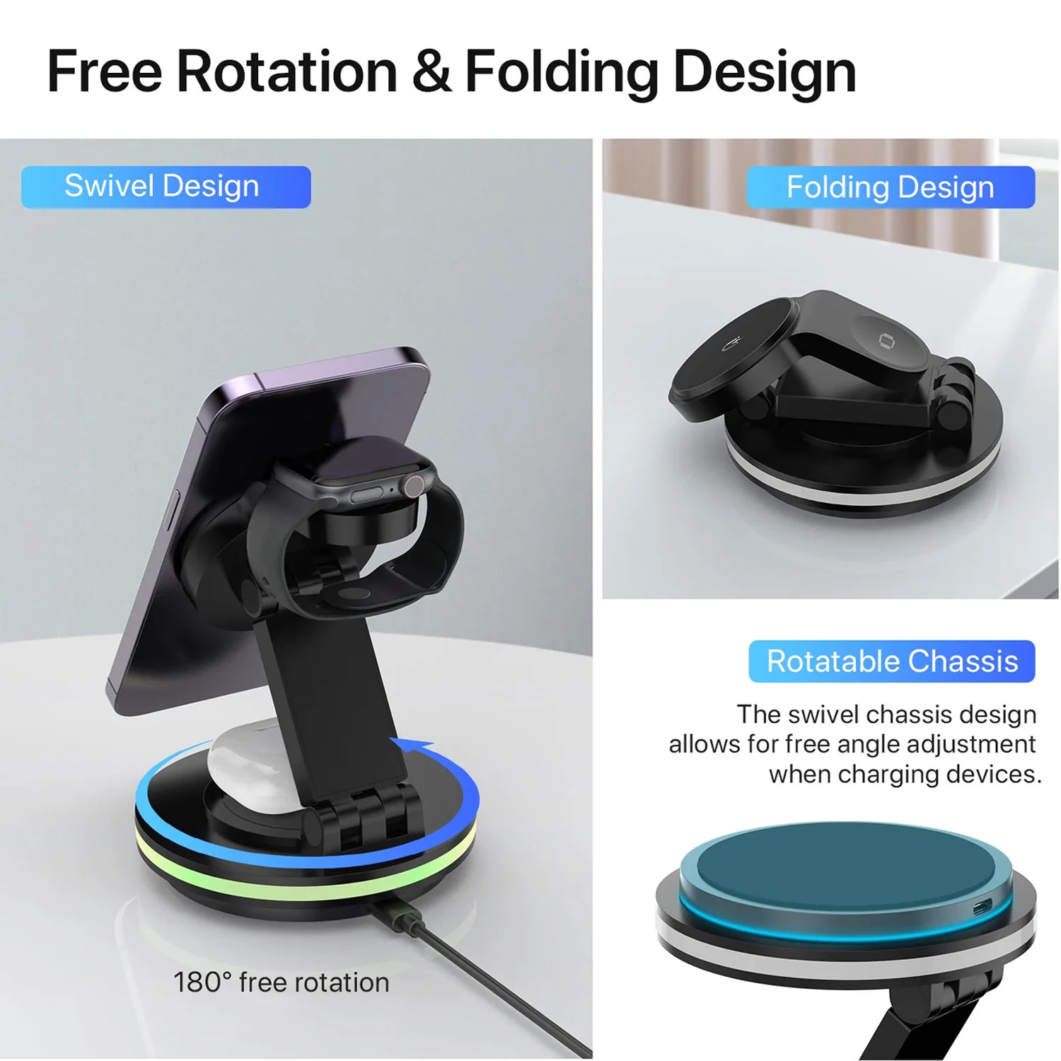 Foldable 4-in-1 Magnetic Wireless Charging Station with 7-Color Night Light for iPhone, Apple Watch 