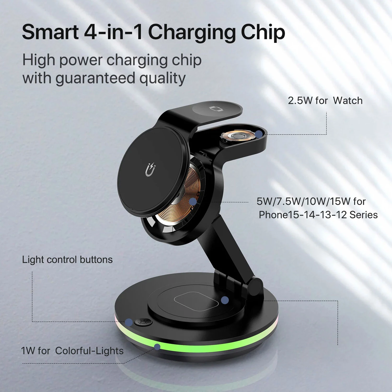 Foldable 4-in-1 Magnetic Wireless Charging Station with 7-Color Night Light for iPhone, Apple Watch 