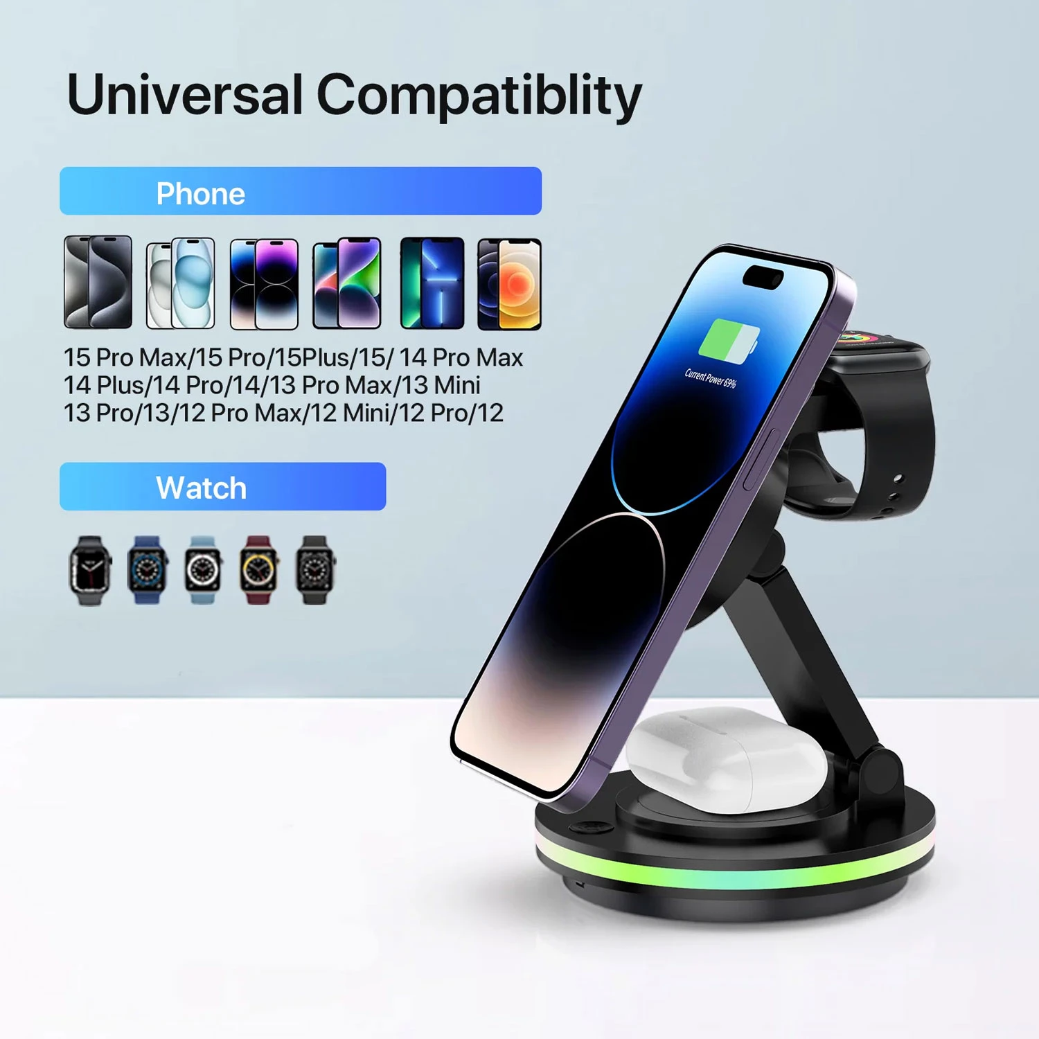 Foldable 4-in-1 Magnetic Wireless Charging Station with 7-Color Night Light for iPhone, Apple Watch 