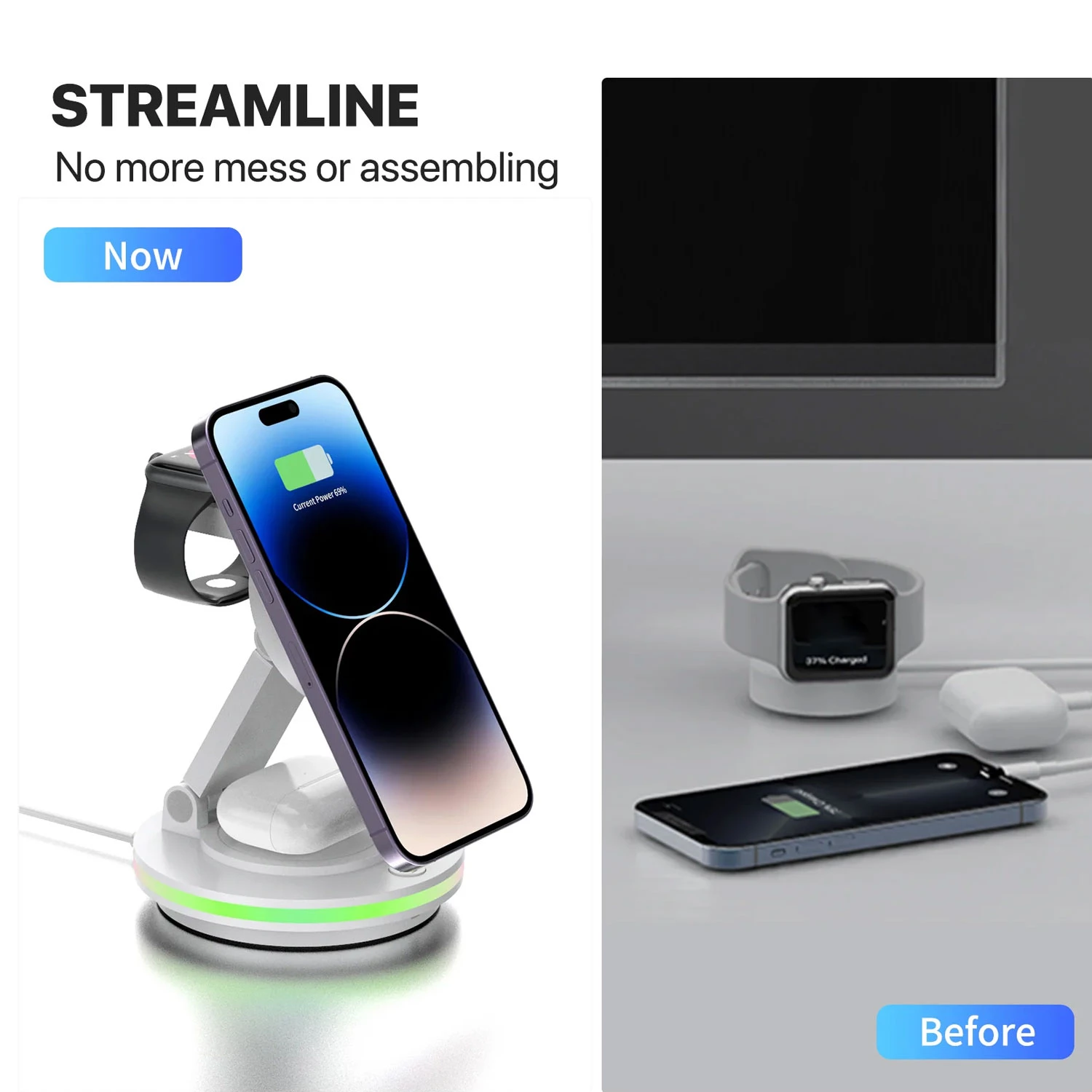 Foldable 4-in-1 Magnetic Wireless Charging Station with 7-Color Night Light for iPhone, Apple Watch 