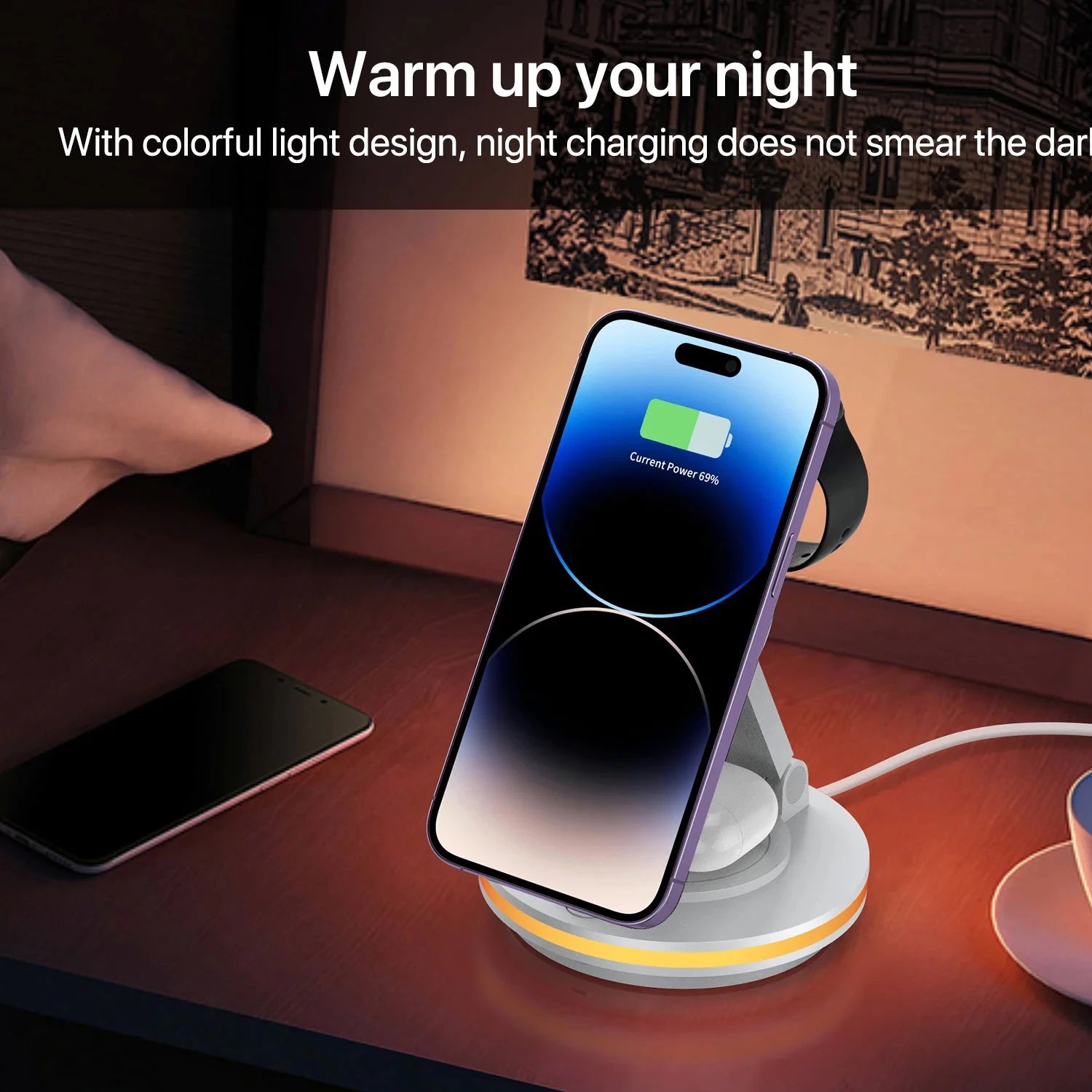 Foldable 4-in-1 Magnetic Wireless Charging Station with 7-Color Night Light for iPhone, Apple Watch 