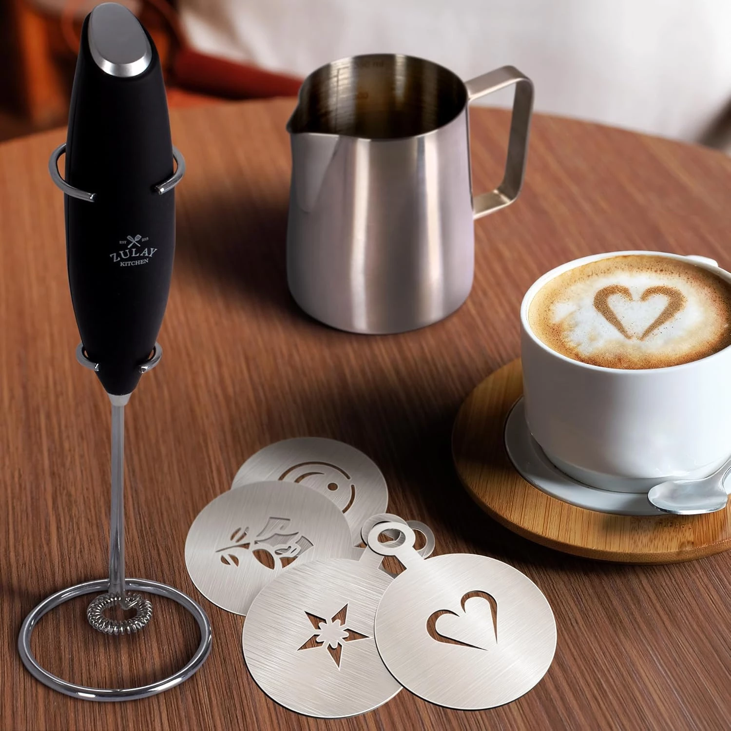 ZK Milk Frother Pitcher Stencil Stirrer Set